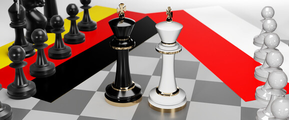 Germany and Indonesia - talks, debate, dialog or a confrontation between those two countries shown as two chess kings with flags that symbolize art of meetings and negotiations, 3d illustration