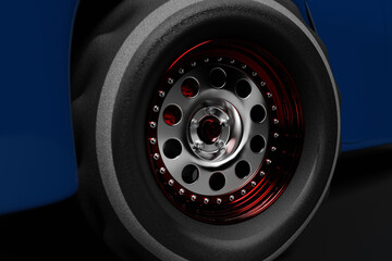 3d illustration close up of the car wheel with alloy wheel and new rubber on a car closeup.