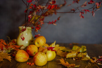 Wilted apples, dry leaves and a rosehips branch on the table