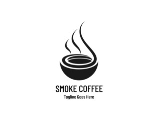 Silhouette of a cup of coffee with smoke coming out of coffee beans in a cup for coffee shop logo