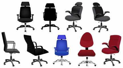 Set of office chairs.Black,blue red chair front ,side,back view