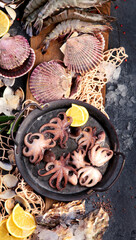 Fresh seafood arrangement on dark background.
