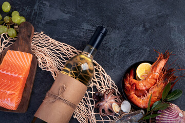 White wine Chardonay with seafood and snacks.