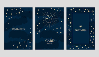 Gold moon and star card design  template collection. Vector starry night invitation design background.