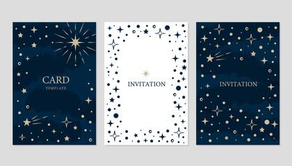 Gold star card design  template collection. Vector starry night invitation design background.