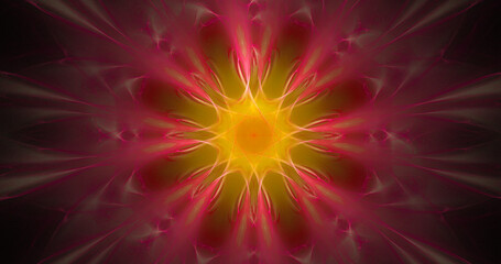 Abstract exotic transparent red and yellow flower. Psychedelic mandala design. Fantastic fractal shapes background. Holiday wallpaper. Digital fractal art. 3d rendering.
