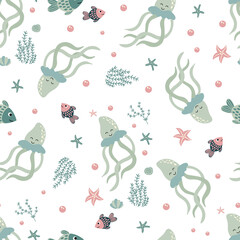 Seamless pattern with jellyfish . Design for fabric, textile, wallpaper, packaging, wrapping paper.