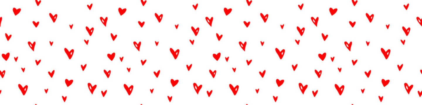 Vector Seamless Abstract Pattern Of Small Red Hearts. Hand Drawn Doodle Background, Texture For Textile, Wrapping Paper, Valentines Day.