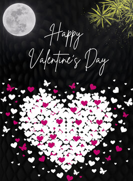 Celebration poster, valentines day greetings, heart shape frame, fireworks illustration. love. Flyers, invitations, posters, brochures, banners.