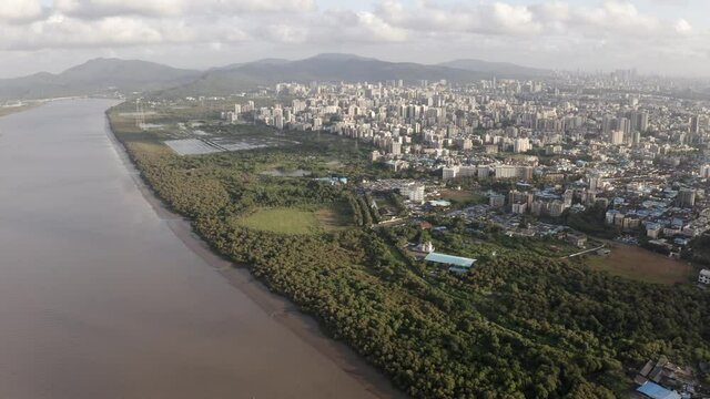Aerial View Of Vasai Creek With Bhayandar East Suburb In Mira Bhayandar, Mumbai, India.