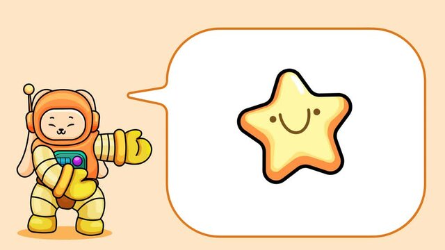 Animated video of an astronaut bunny, wearing an orange spacesuit, and a dialogue box with stars. animation with cartoon concept. dialog box with rating stars. on light orange background