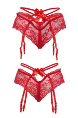 Detail shot of red lace erotic crotchless panties with a silk bow and suspender straps for...