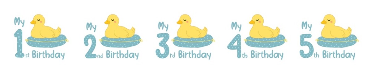 Baby birthday with childish numbers and cartoon animals. Set of cute blue marine figures with duck in scandinavian style for design birthday party, decorate nursery, print, sublimation.