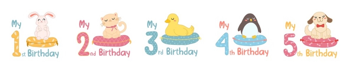 Baby birthday with childish numbers and cartoon animals. Set of cute figures with cat, dog, duck, rabbit and penguin in Scandinavian style for design birthday party, decorate nursery, sublimation.