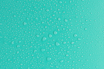 Light green background with large and small drops of water. The texture of a water drop on a colored background is a top view.