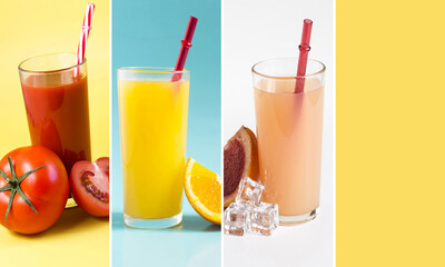 Collage of bright pictures of tomato, orange and grapefruit juices in a glass container. Collage of photos of different juices.