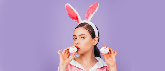 Easter banner with bunny woman. Easter woman. Lips and Easter, Lipstick kiss imprint on easter egg....