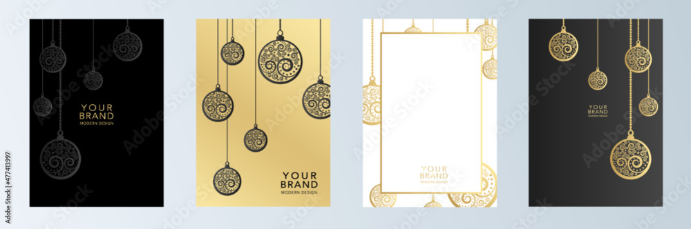 Poster christmas cover, frame design set. winter vector template with gold line pattern snowball in gold, b