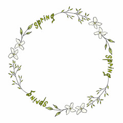 Wreath with doodle white flowers and text spring on white background. Vector image.