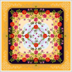 Beautiful floral ornament in ethnic style. Symmetrically arranged flowering trees stretch tops towards each other. The roots of trees and underground waters are woven into openwork frame.