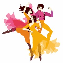 Two beautiful young girls and a young man dancing isolated on a white background. Spanish motives. Vector illustration.