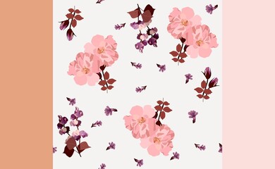 Romantic floral print with large pink flowers, rosebuds, dolichos lablab sprigs and tiny purple flowers scattered against white background, two solid color matching fabrics of golden beige, light pink