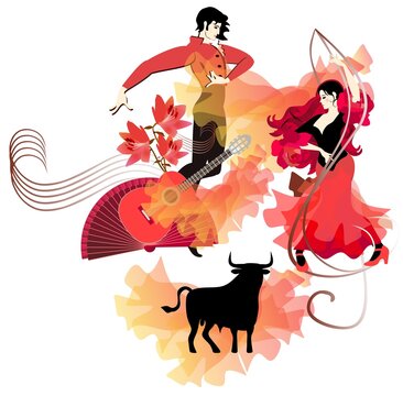 Inspirational illustration with symbols of traditional Spanish culture. Flamenco dancers, man and woman, guitar, fan, flying manton, black bull on white background form beautiful dynamic composition.