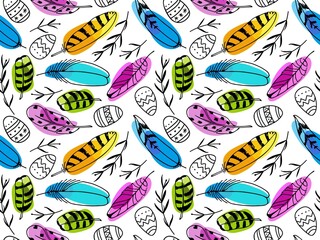 Obraz premium Seamless Pattern with Feathers on bright painted spots and eggs. Hand drawn black and white feathers and eggs scketch. Repeated vector background wallpaper, wrapping, textile for easter holiday