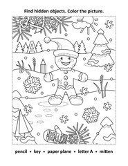 Hidden objects, or seek and find, picture puzzle and coloring page activity sheet with happy cheerful gingerbread man walking outdoor
