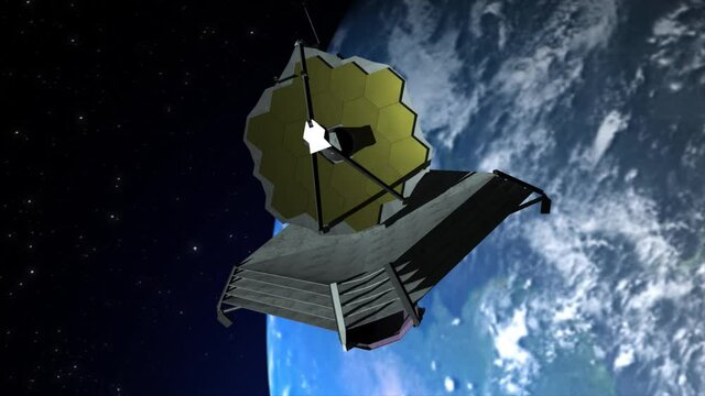 High quality 3D CGI animated render of the NASA's newly launched James Webb Space Telescope in orbit around the planet Earth floating in space