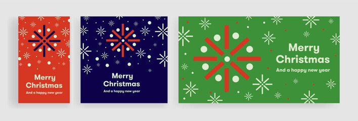 Fototapeta na wymiar New Year Christmas Set of greeting cards, posters, holiday covers. Geometric Xmas design with stylized Christmas geometric shapes and snowflakes. Happy new year. 
