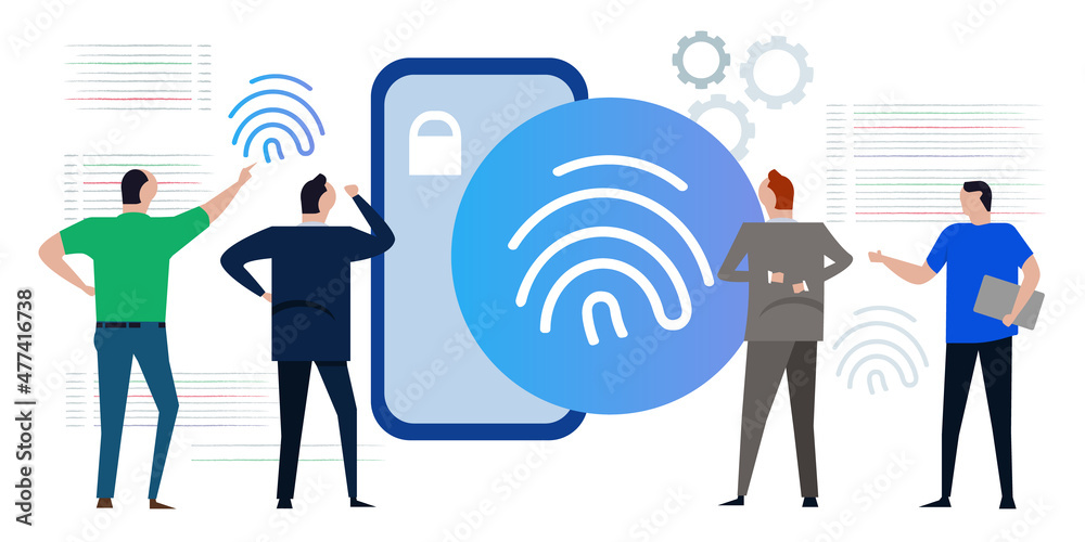 Poster fingerprint secure access lock smartphone team working on security code review analyze