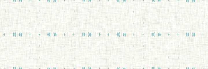 Aegean teal geometric border strip linen texture background. Summer coastal living style home decor fabric effect. Sea green wash grunge edge material. Decorative textile geo seamless pattern banner.