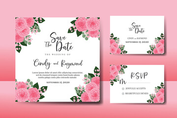 Wedding invitation frame set, floral watercolor Digital hand drawn Pink Dahlia Flower design Invitation Card Template