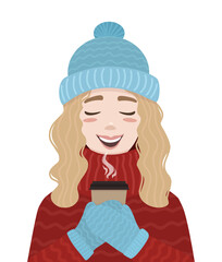 The girl is holding coffee. Winter vector illustration. A young woman with blond hair in a red sweater, blue hat and mittens. Flat style picture.