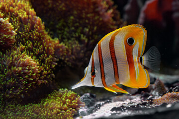 Fototapeta na wymiar Copperband butterflyfish, Chelmon rostratus, in the nature water habitat. Beaked coral fish, is found in reefs in both the Pacific and Indian Oceans. Orange grey fish in the Ocean.