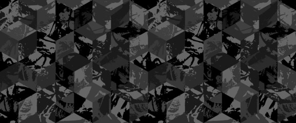 Grunge urban camouflage, black modern fashion design. Dirty brush stroke camo military pattern. Army uniform, fashionable fabric print. Vector seamless monochrome texture - obrazy, fototapety, plakaty
