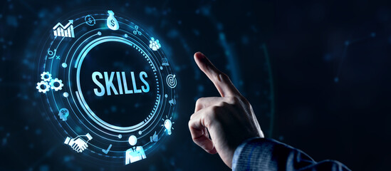 Internet, business, Technology and network concept.Coach motivation to skills improvement. Education concept. Training. Leadership skills. Human abilities. Virtual button.