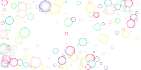 Soapy bright multicolored bubbles fly randomly on a white background. Vector illustration