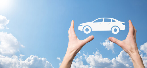 Digital composite of Man holding car icon.Car automobile insurance and car services concept....