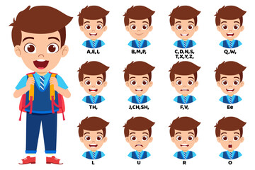 Kid school boy character standing bag and with mouth animation pack with lip syncing set for animation and sound pronunciation