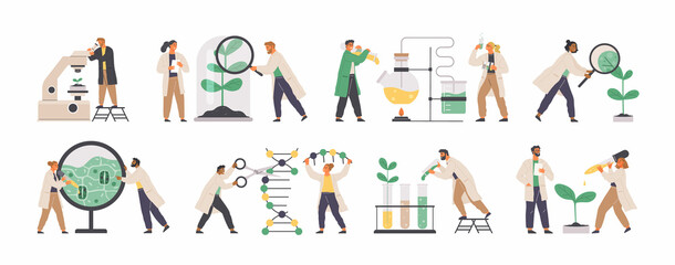 Colorful icons set with biochemical science laboratory staff performing various experiments. Scientists study plants, carry out analysis with equipment. Chemists analyse cells, plant structure