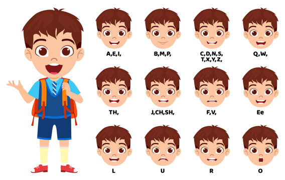 Happy cute kid school boy character standing bag and with mouth animation pack with lip syncing set for animation and sound pronunciation isolated