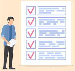 Month scheduling, to do list, time management. Businessman stands near checklist and planning. Plan fulfilled, task completed, timetable on paper sheet. Check list plan, schedule creation concept