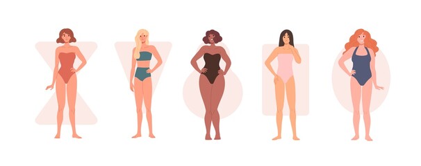 Fototapeta premium Different body shape types. Diverse women in underwear and bikini portraits with rectangle, inverted triangle, hourglass, pear and apple figures. Flat vector illustrations isolated on white background