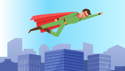 Brave superhero save world and flies over buildings in city. Strong superman in colored suit protects people from villains. Hero has superpowers and defends justice against background of blue sky