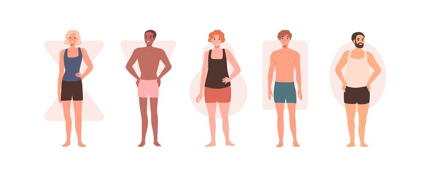Men with different body shape types. Males in underwear, rectangle, triangle, hourglass, pear and apple anatomy. Slim and chubby people. Flat graphic vector illustration isolated on white background