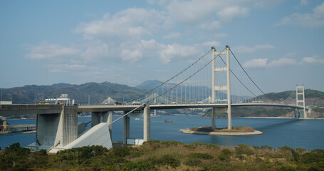 Tsing Ma Suspension bridge in Hong Kong city