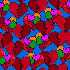 Fototapeta na wymiar Seamless pattern, bright hearts. Hearts sewn from patches