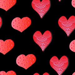 Seamless pattern, pink hearts on a black background
